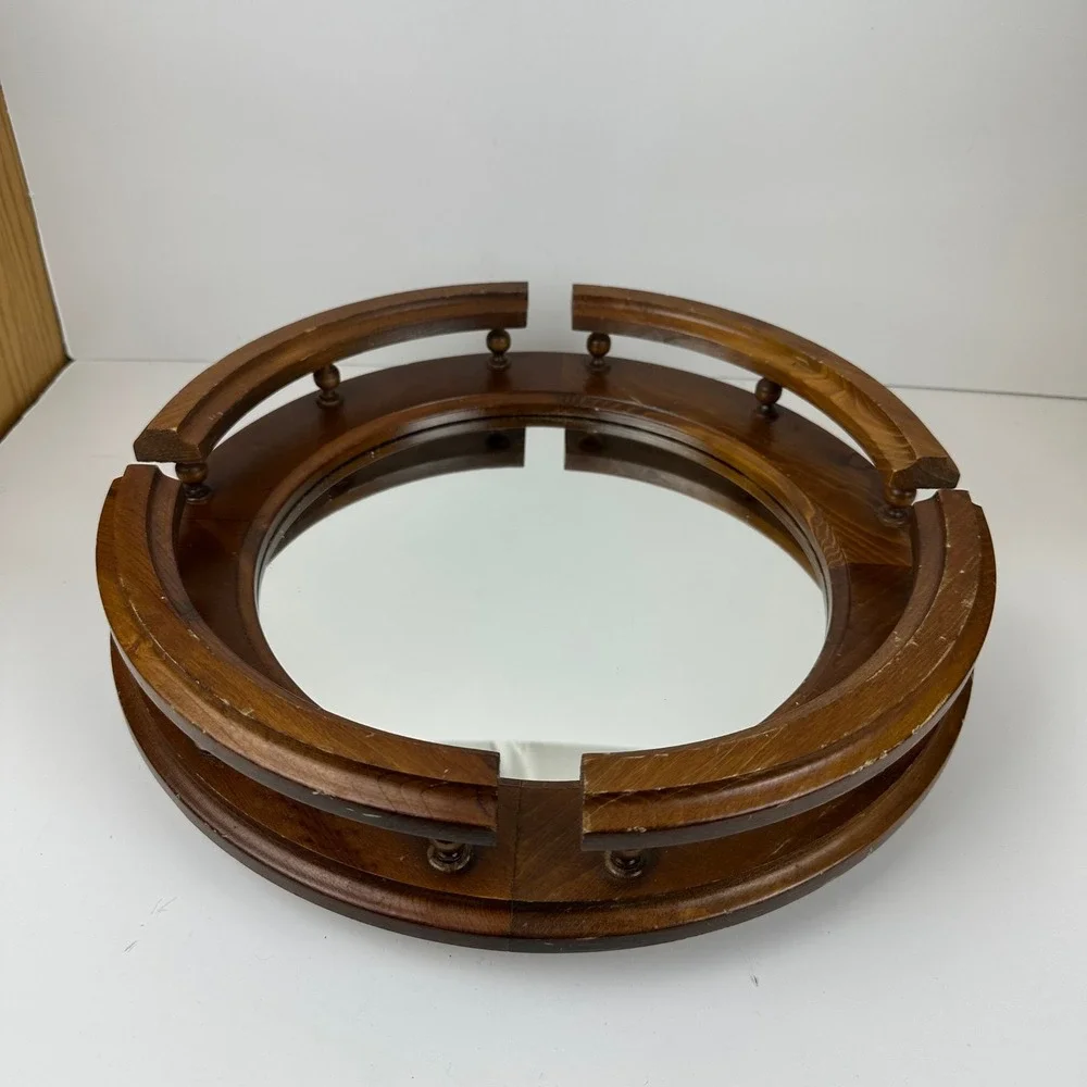 Vintage Round Wood Mirrored Vanity Tray Gallery Rail Spindle Lazy Susan Brown